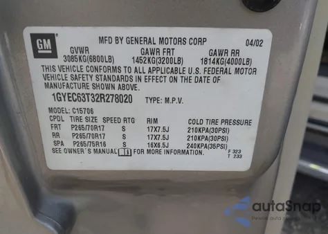 2002 Cadillac Escalade Standard из США, поврежденный, VIN 1GYEC63T32R278020